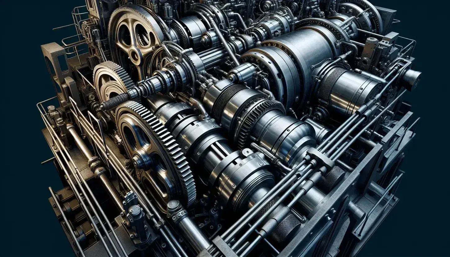 Close-up view of industrial machinery with interlocking metal gears, dark gray levers, cylindrical pistons, and insulated cables in the background.
