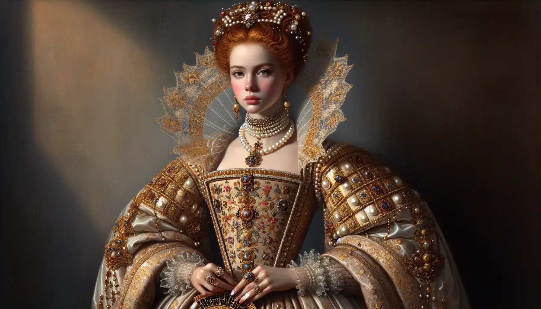 Donna del XVI secolo in abito sontuoso con corpetto rigido, gonna ampia decorata, ventaglio dorato e gioielli con perle.
