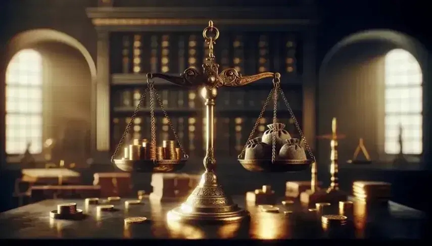 Bilancia antica in bronzo con piatti in equilibrio, monete d'oro impilate a sinistra e sacchetti di tessuto a destra, su sfondo sfocato di legno scuro.