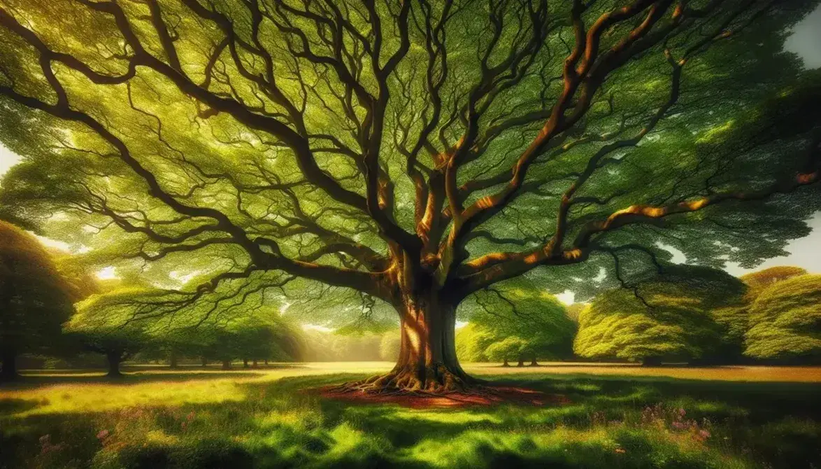 Albero maestoso con chioma verde rigogliosa e tronco robusto su prato con fiori selvatici, sotto un cielo azzurro sereno.