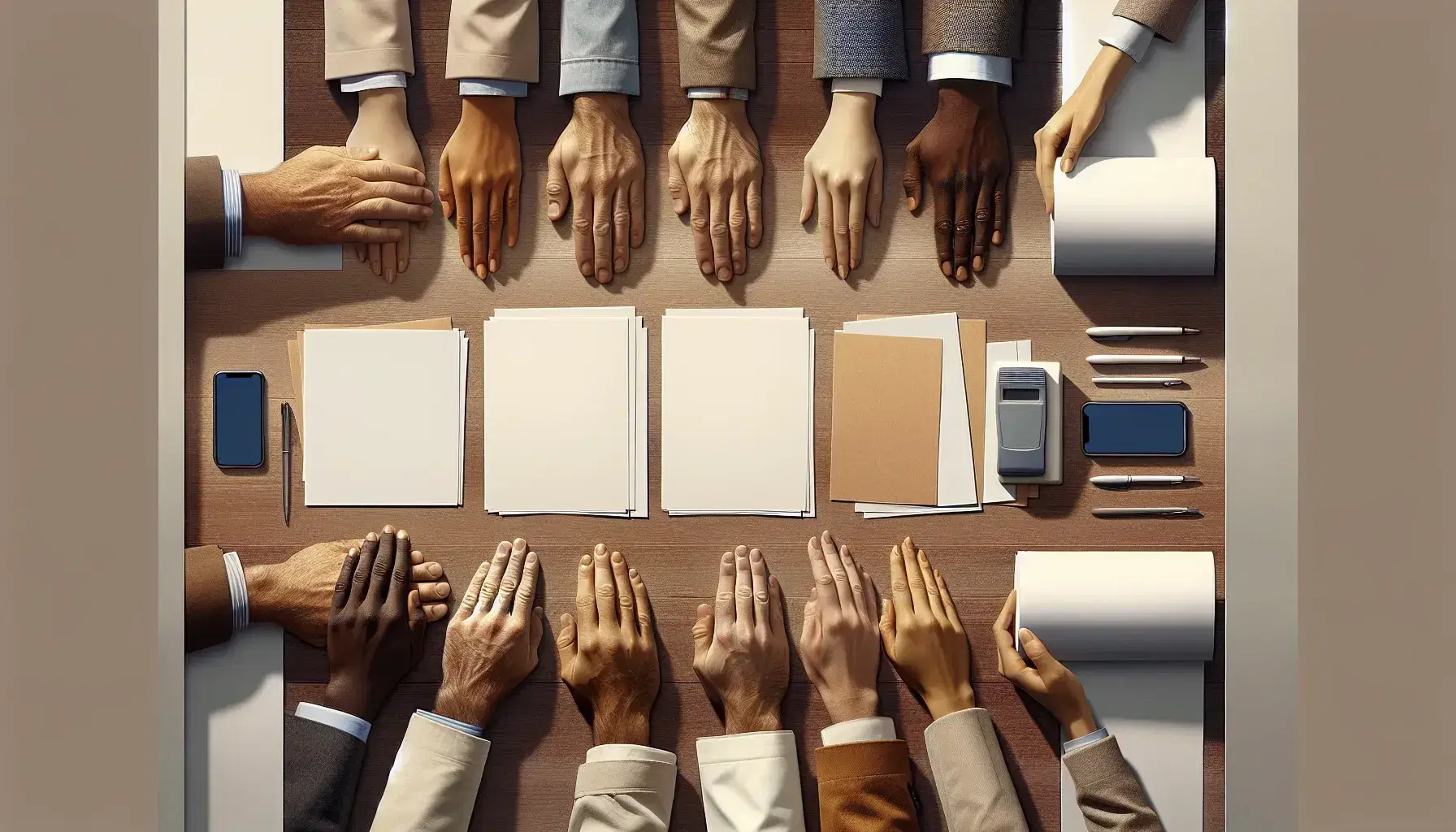 Manos de diversas tonalidades de piel intercambiando documentos en una mesa de madera con dispositivos electrónicos y objeto azulado al fondo.