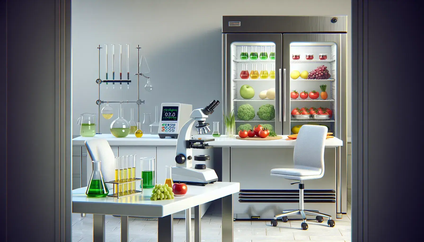 Pristine food analysis lab with chemistry glassware of green, yellow, red liquids on a counter, microscope to the left, and a fridge stocked with fresh produce.