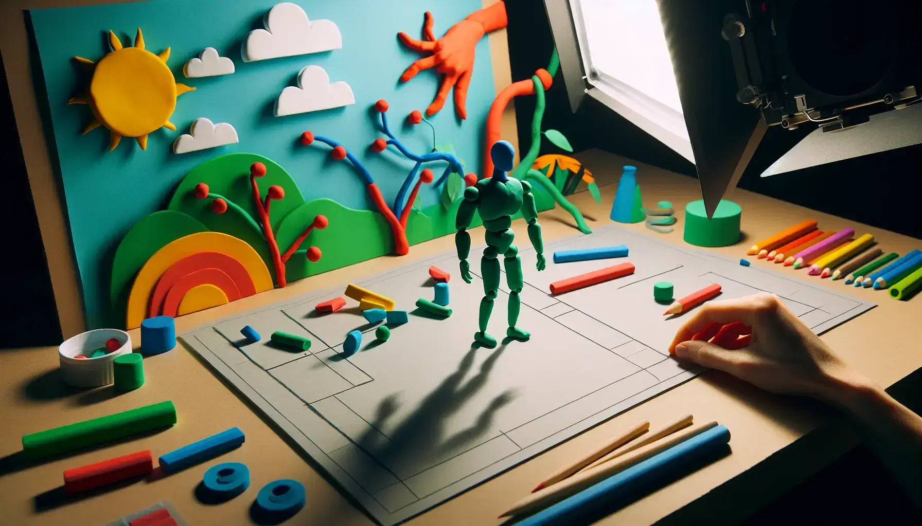 Scena di animazione stop motion con figura umanoide in argilla verde posata su superficie neutra, accessoriata da mano inguantata, sfondo di cartoncini colorati e camera su treppiede.