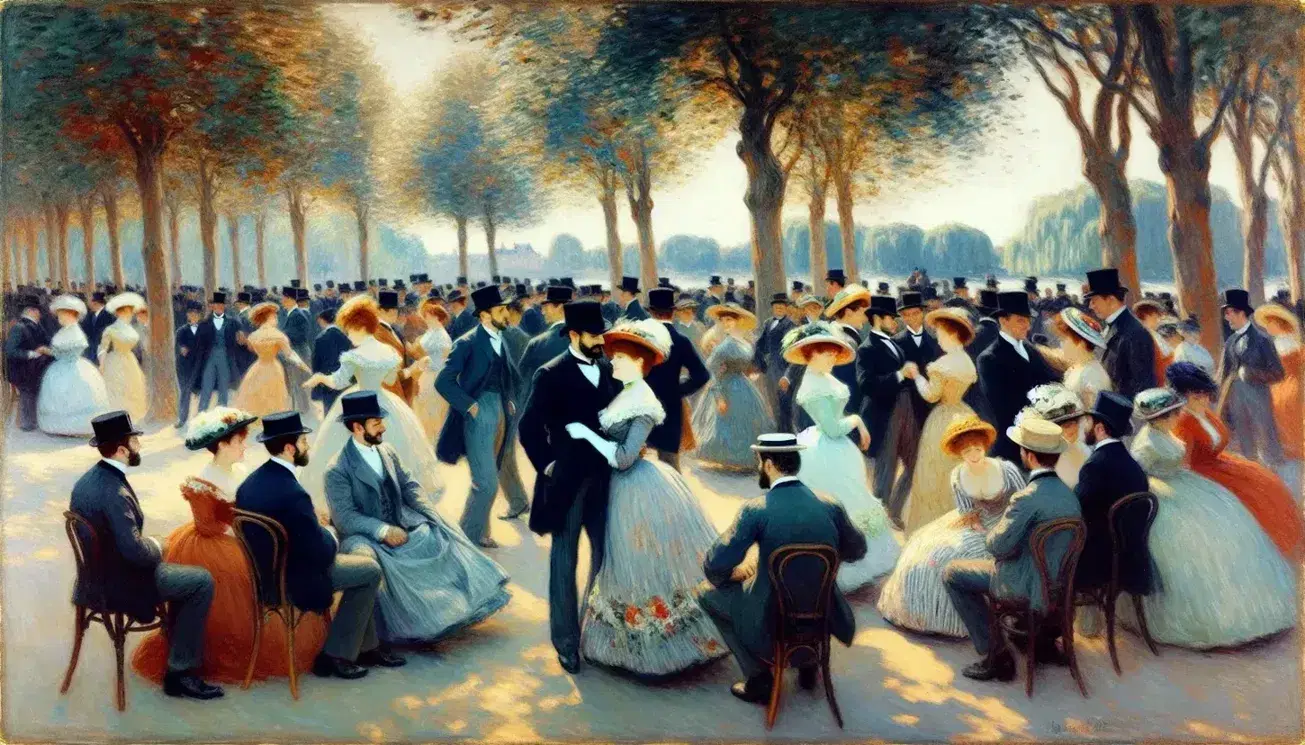 Dipinto di Renoir 'Bal du moulin de la Galette' con persone in abiti d'epoca che conversano e ballano sotto alberi frondosi.
