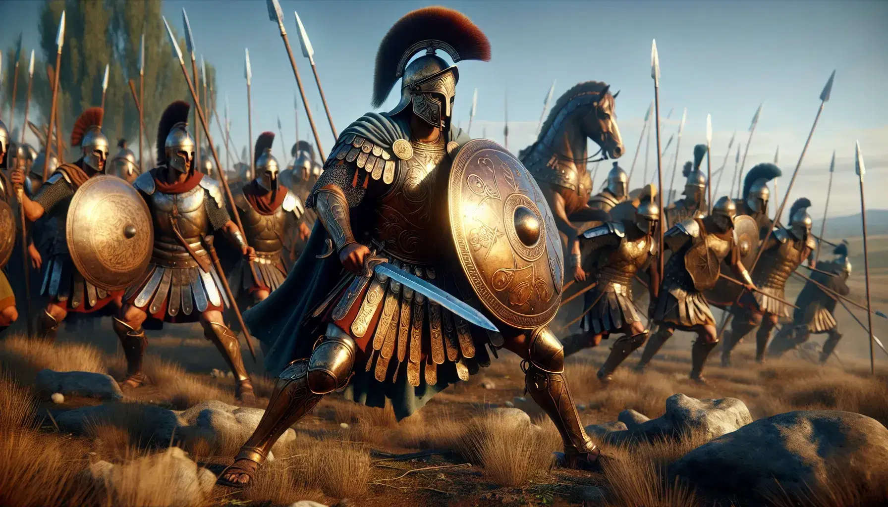 Scena di battaglia nell'antichità con guerrieri in armature di bronzo, scudi decorati e spade, sotto un cielo azzurro.