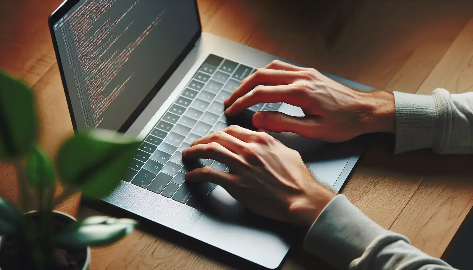 Hands typing on modern laptop keyboard on wooden desk, with blurred green plant in background, calm and focused atmosphere.
