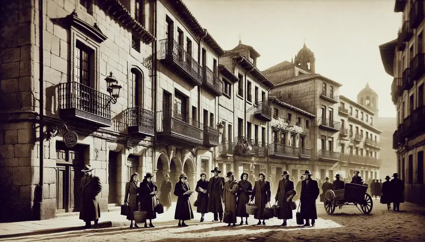 Escena urbana en blanco y negro de los años 40 en España, con personas vestidas de época y carreta tirada por caballos, en calle con edificios antiguos y balcones de hierro forjado.