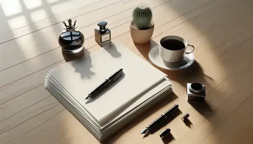 Mesa de madera clara con papeles apilados, pluma estilográfica negra, tintero de vidrio con tinta y taza de café humeante junto a un cactus en maceta terracota.