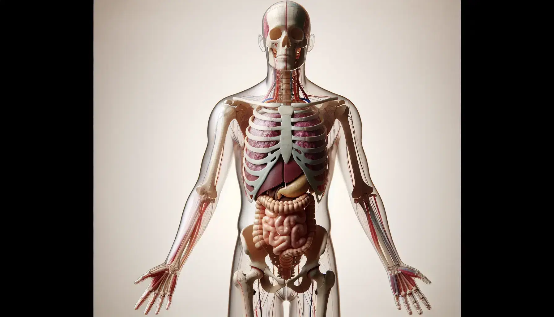 Figura humana transparente mostrando huesos, músculos y órganos internos en colores variados, con divisiones abdominales marcadas, en posición anatómica.