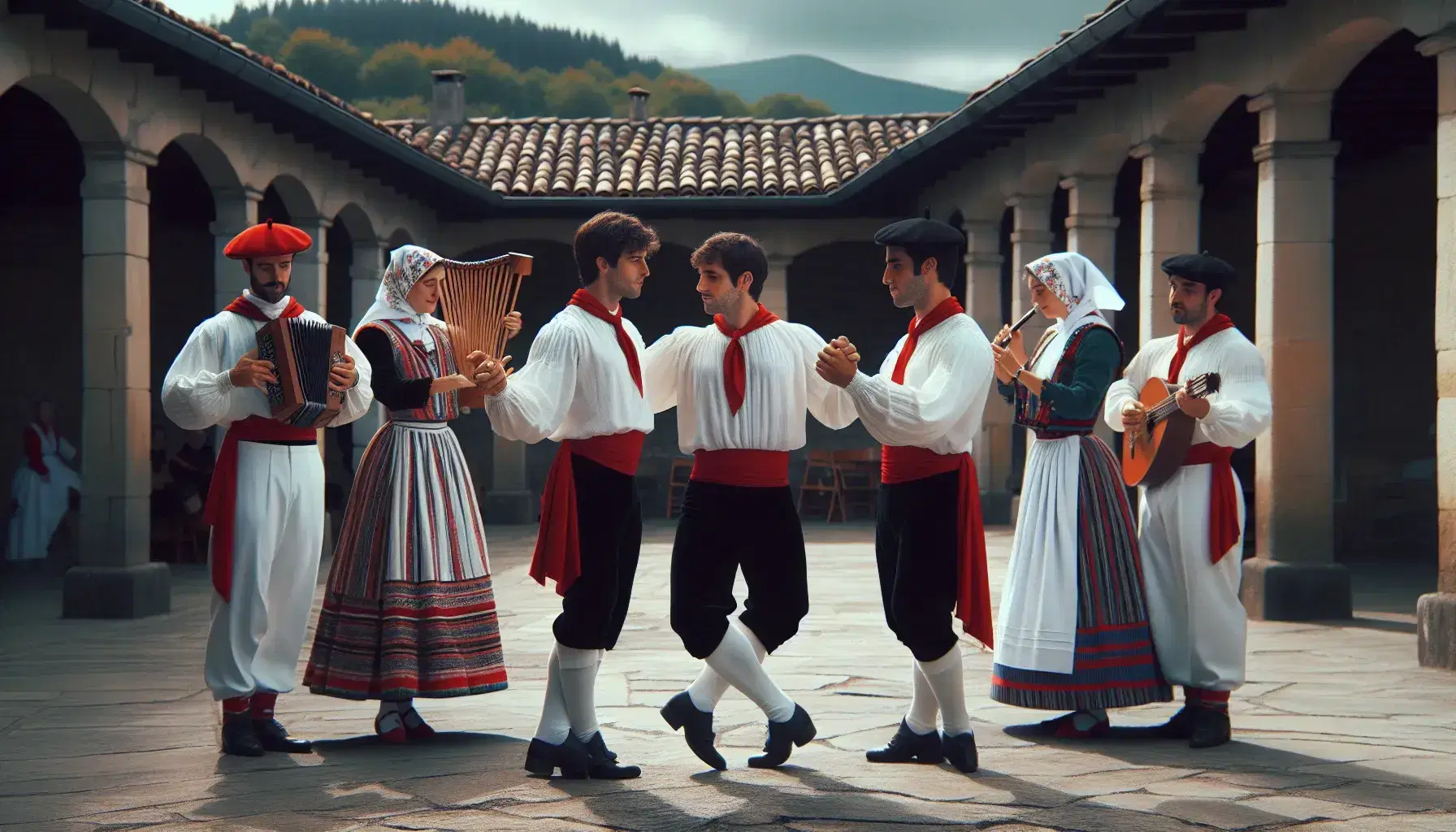 Cuatro personas en trajes típicos vascos realizan un aurresku al aire libre, con dos músicos tocando txistu y tamboril, bajo un cielo azul con montañas al fondo.