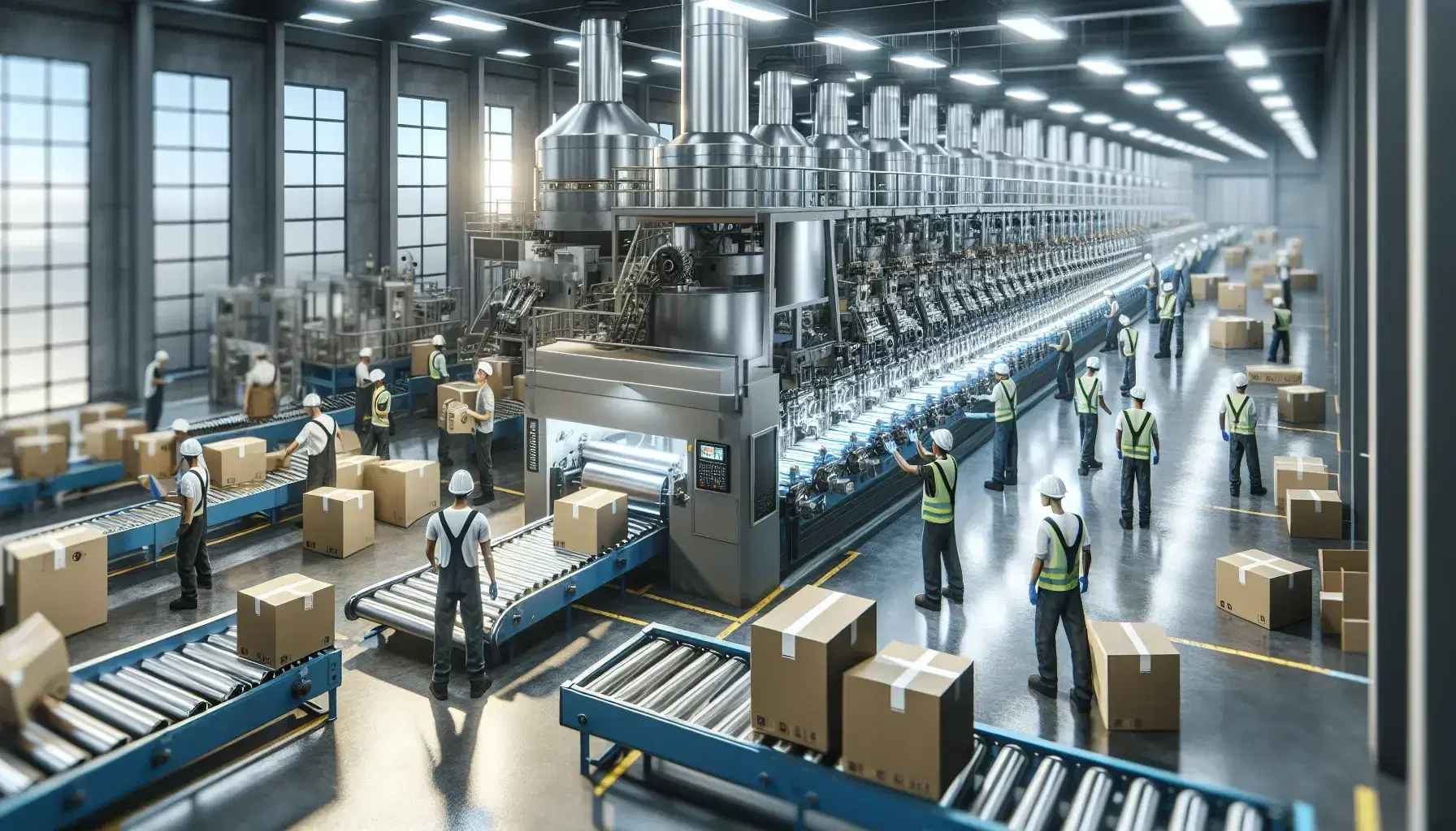 Diverse team of workers in safety gear operates machinery on a well-lit industrial factory floor with conveyor belts and packaged goods.