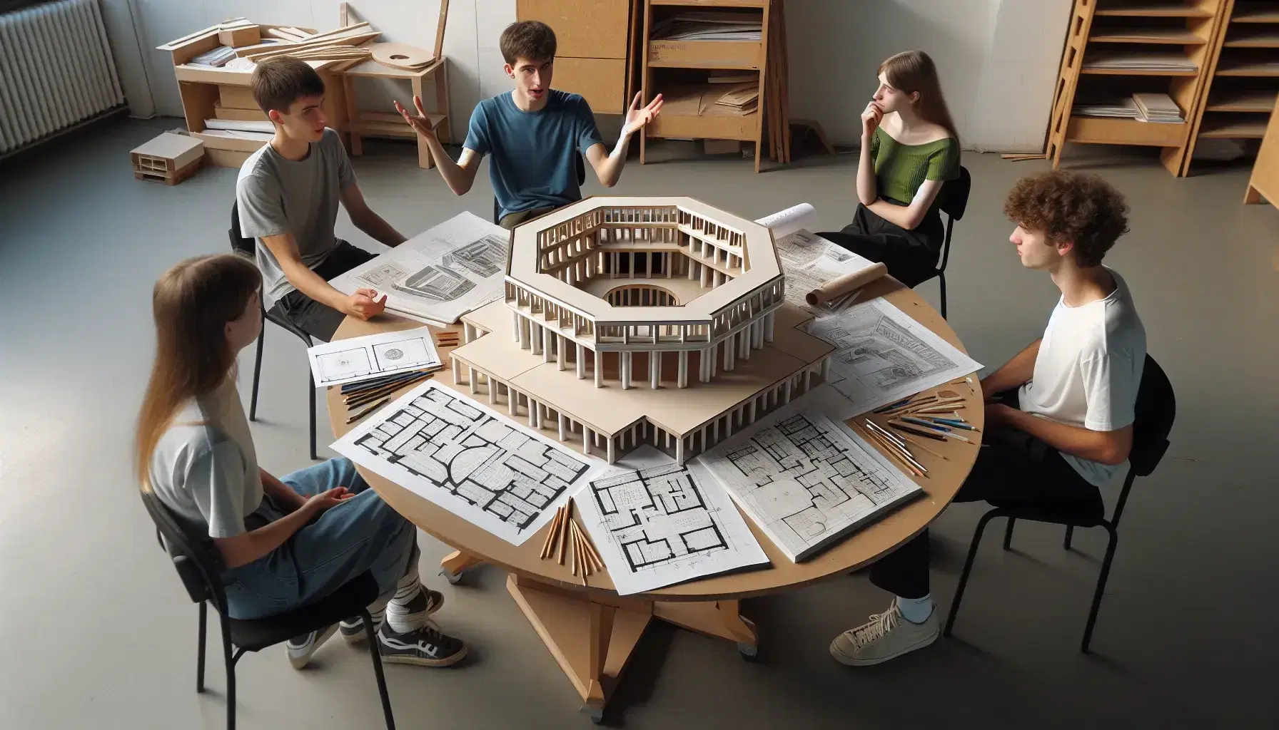 Estudiantes trabajando en proyecto de arquitectura con modelo 3D y planos en mesa redonda bajo luz natural.