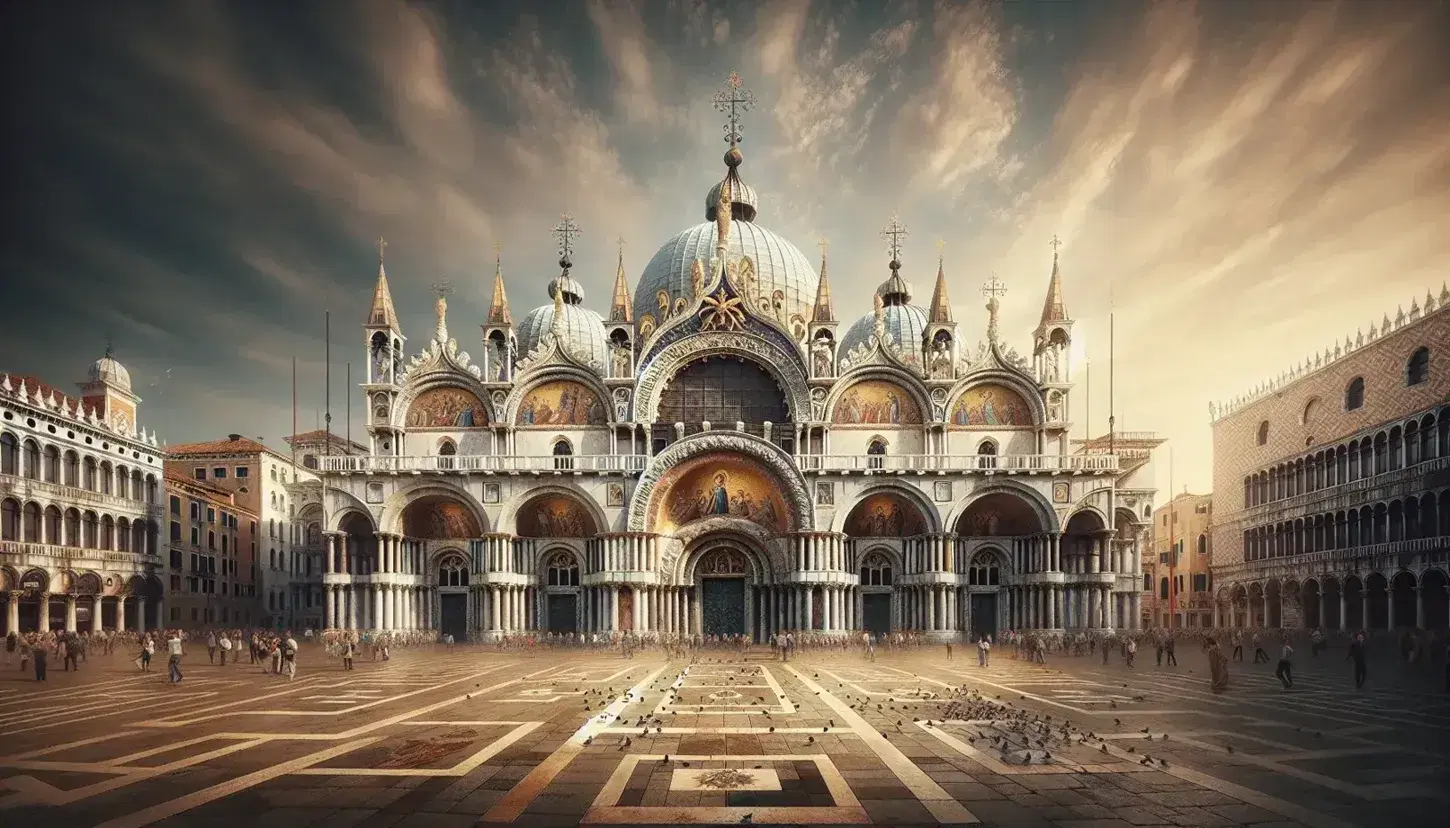Vista frontale della Basilica di San Marco a Venezia con la sua architettura bizantina, mosaici dorati e turisti nella piazza sotto un cielo azzurro.