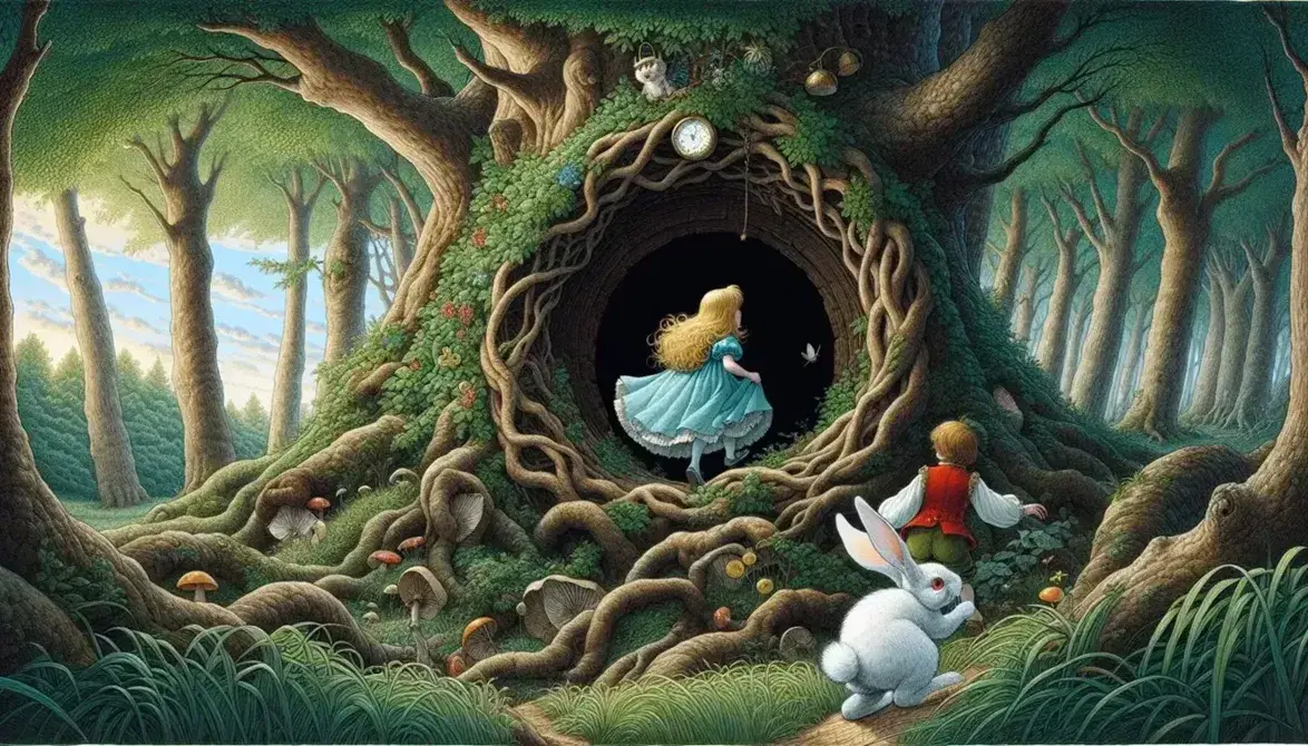 Ragazza bionda in abito blu esplora entrata segreta albero in foresta incantata con coniglio bianco e orologio.