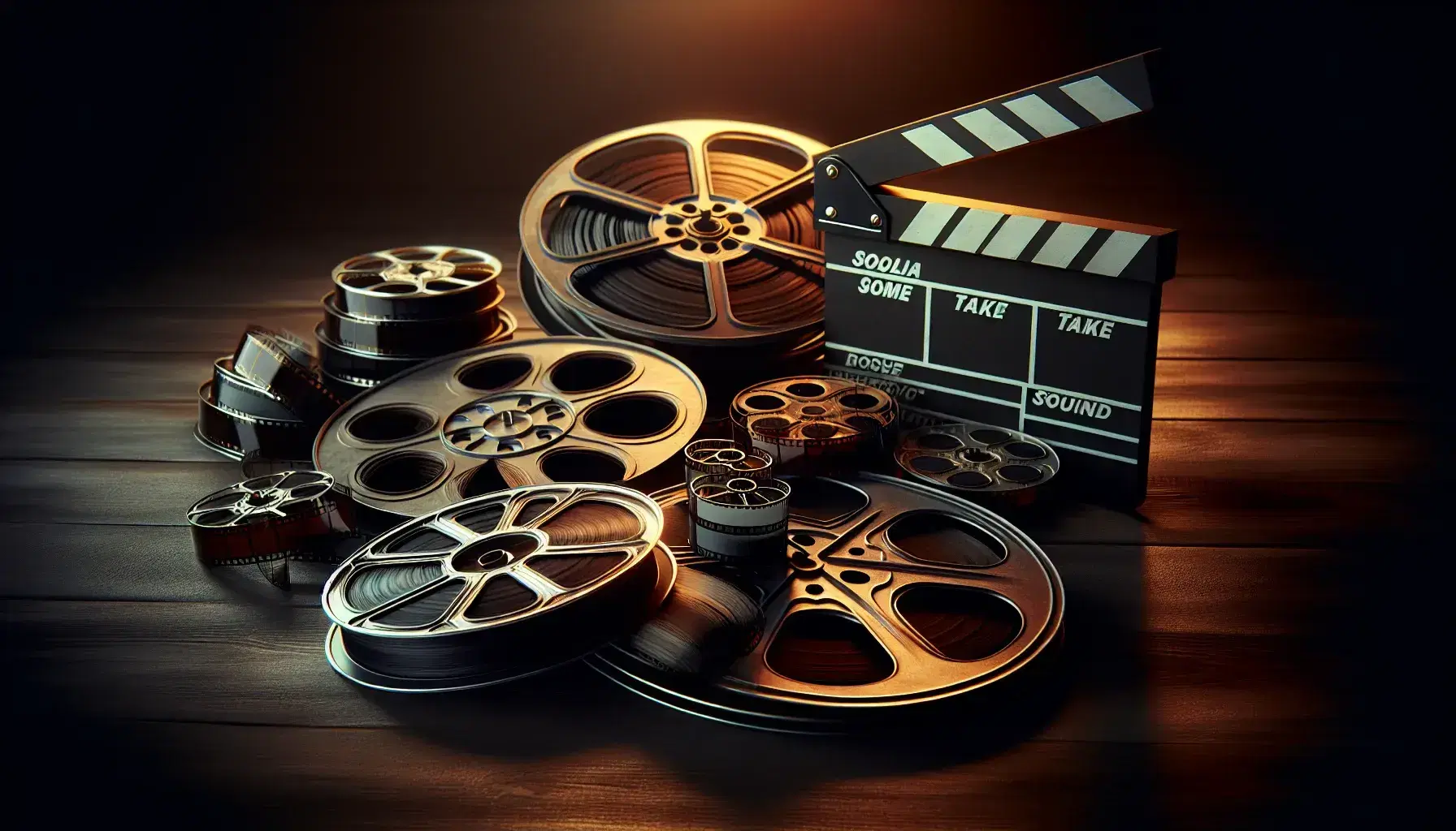 Vintage film reels of various sizes on dark wooden surface with open clapperboard resting, black-brown blurred background.