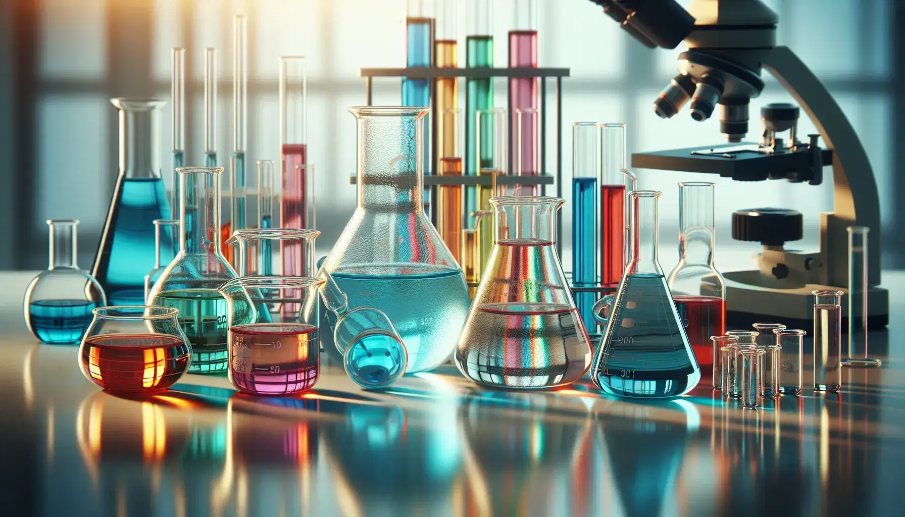 Becher di vetro con soluzioni colorate su banco laboratorio scientifico, riflessi luminosi, microscopio e pipette in sfondo, ambiente pulito.