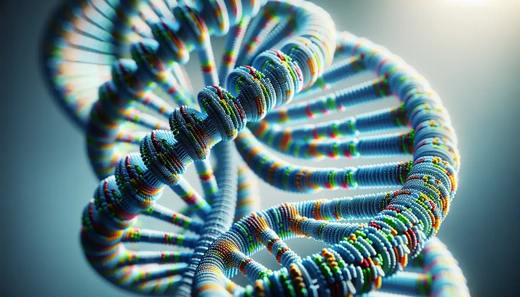 Estructura detallada de una doble hélice de ADN en 3D con espirales de colores y fondo desenfocado que resalta su textura y profundidad.