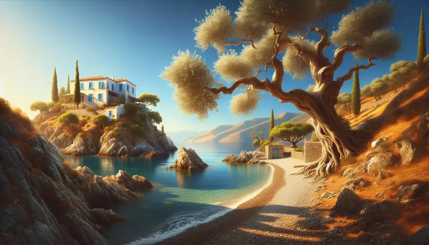 Serene Mediterranean landscape with a rugged coastline, ancient olive tree, traditional Greek villa with blue shutters, and distant mountains.