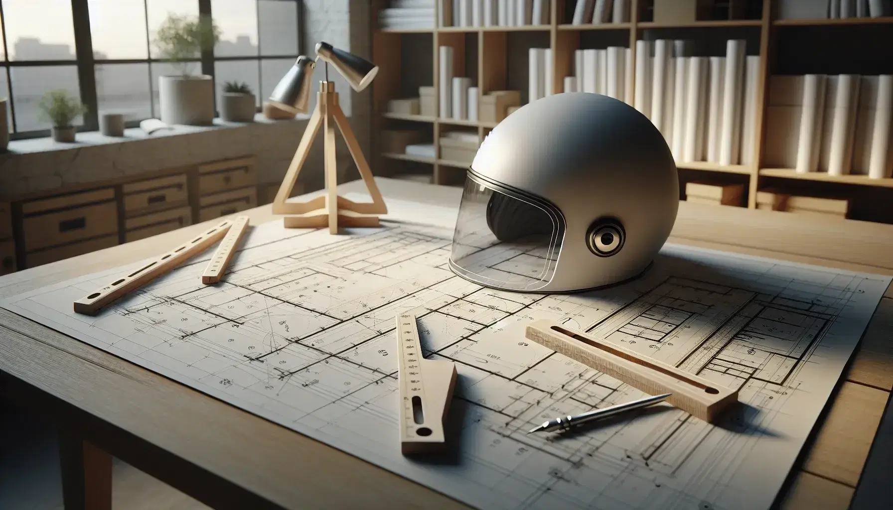 Mesa de trabajo de madera clara con planos arquitectónicos, casco de seguridad blanco, escuadras de madera y compás metálico en un estudio de diseño iluminado naturalmente.