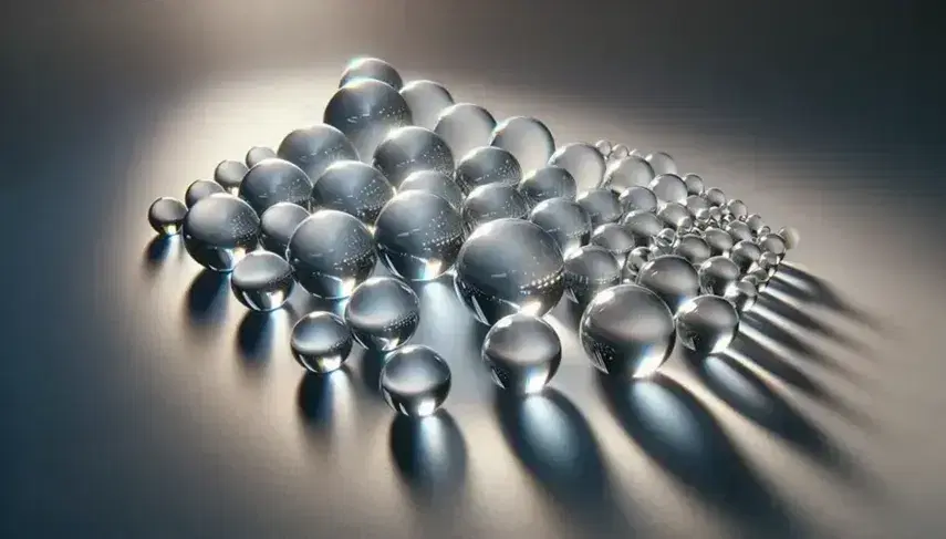 Esferas de cristal transparentes de distintos tamaños sobre superficie lisa gris, con reflejos de luz y sombras alargadas, sin textos ni símbolos.