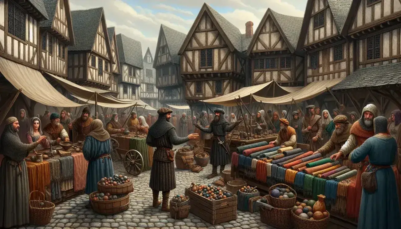 Medieval market scene with merchants selling fabrics, iron tools, and pottery, townspeople around a produce cart, and a horse-drawn cart by a fountain.