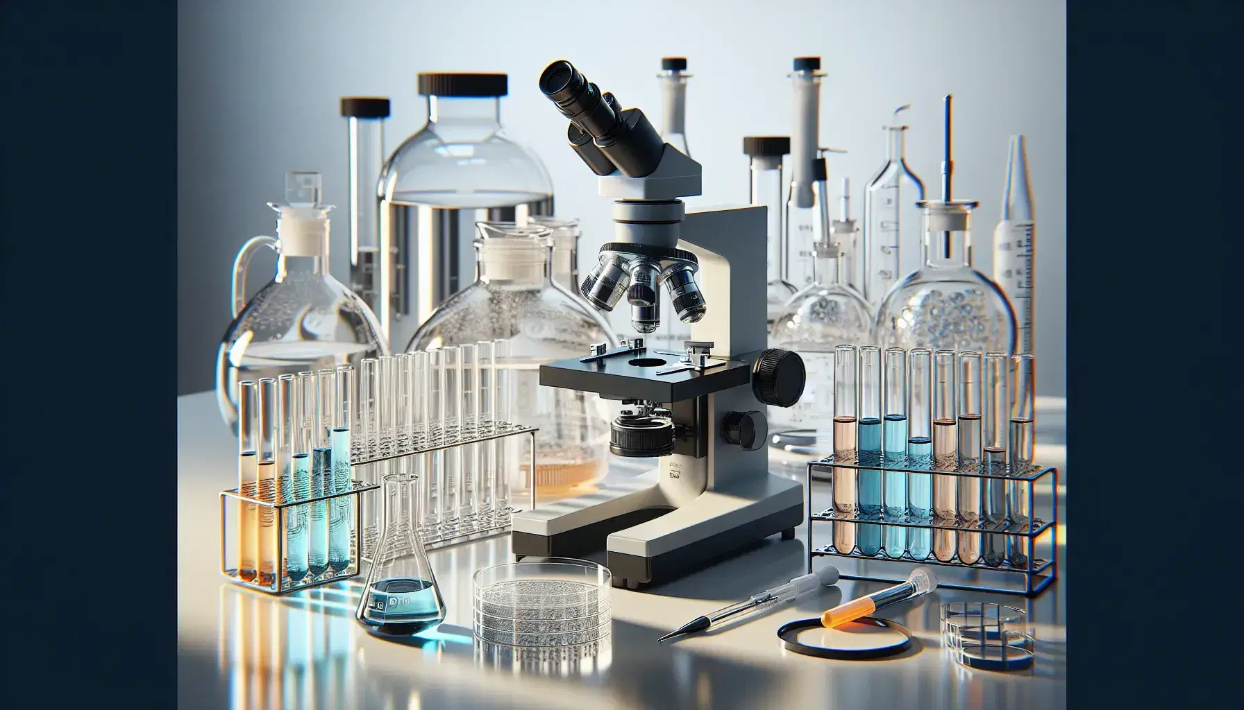 Laboratorio científico con microscopio negro y plateado, tubos de ensayo con líquidos de colores y material de vidrio en mesa clara.