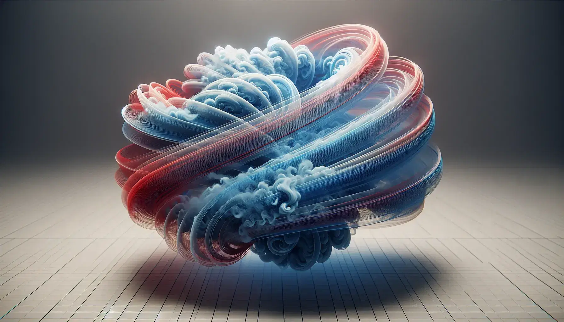 Swirling blue and red smoke patterns curling in a spiral motion against a neutral gray background, highlighting dynamic movement and depth.