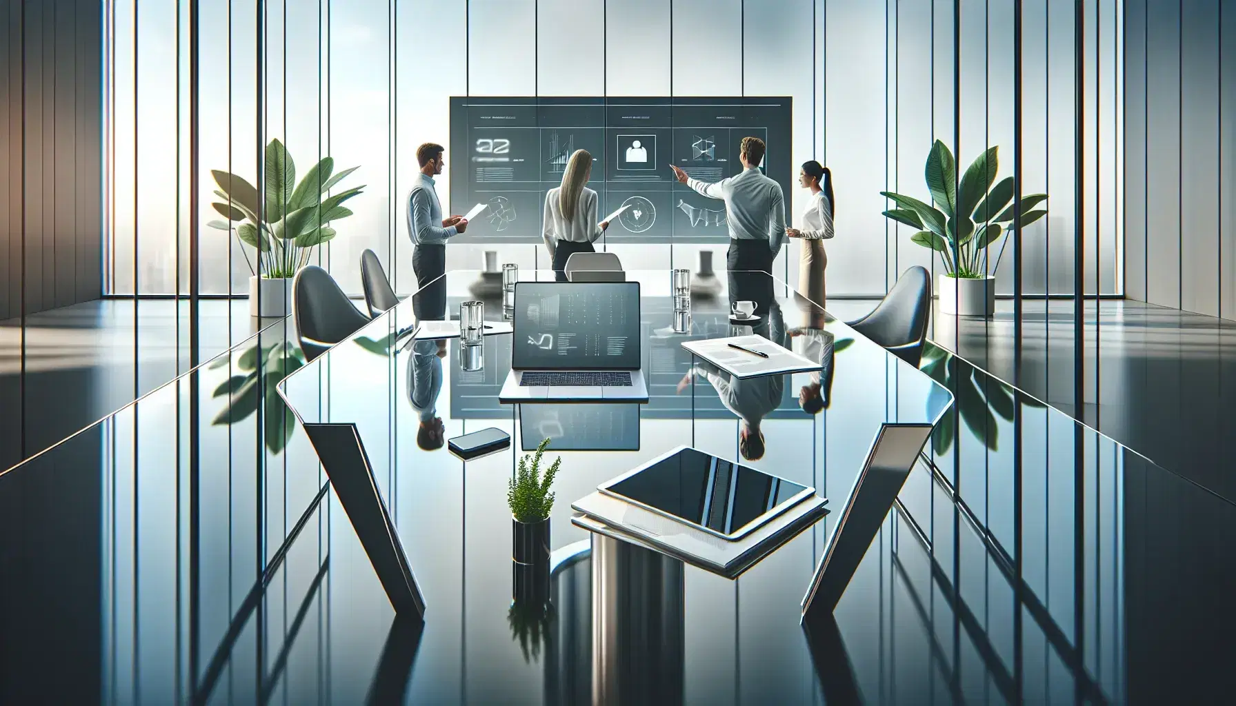 Modern office setting with high-tech devices on a glass table, a plant, and three professionals engaged in a discussion, bathed in natural light from large windows.