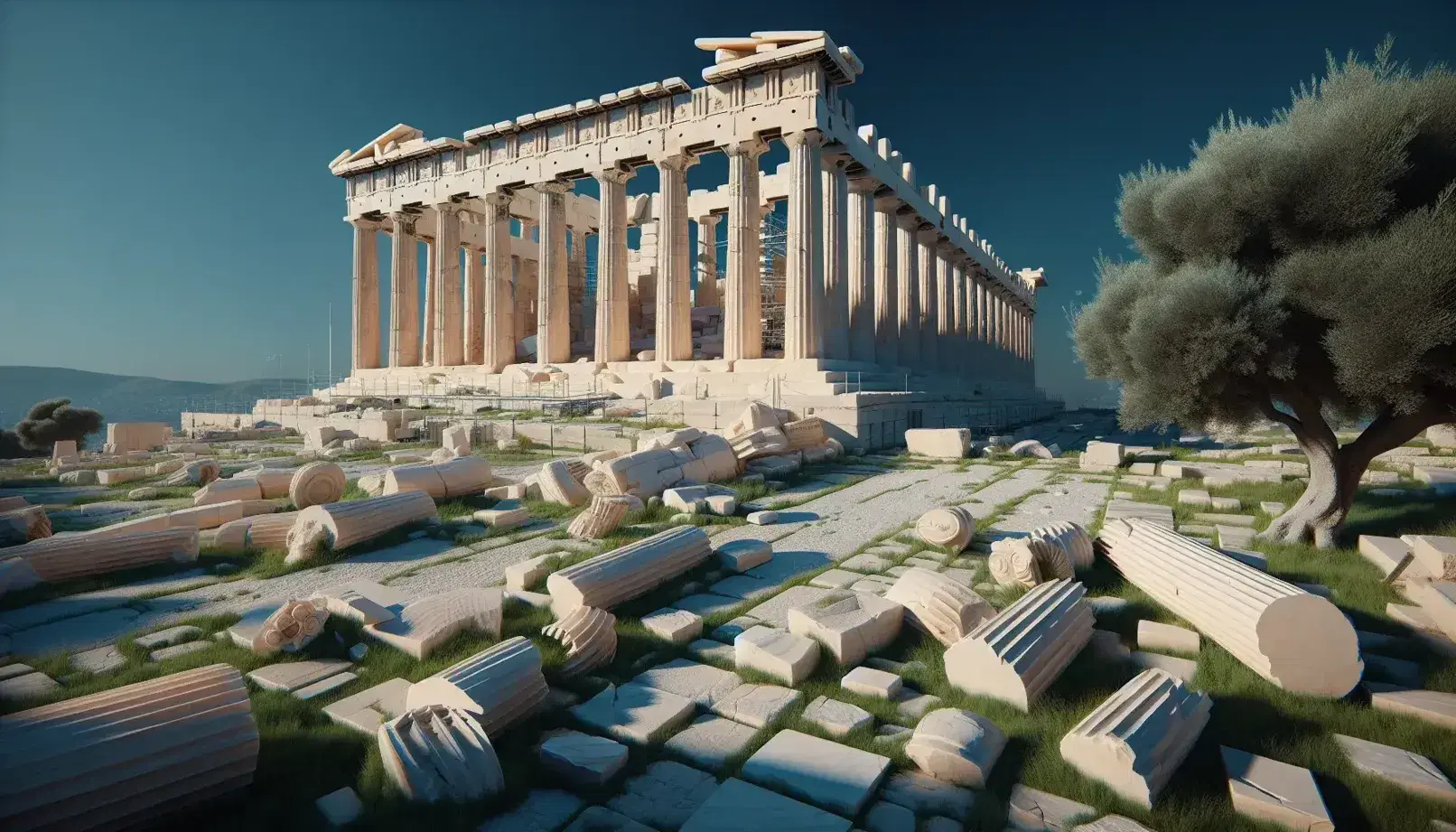 Ruinas del Partenón en Atenas con columnas dóricas y entablamento bajo cielo azul, rodeado de escombros y un olivo.