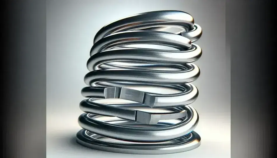 Close-up view of a compressed metallic coil spring between two steel plates, with visible gradient spacing and reflective highlights on a white background.