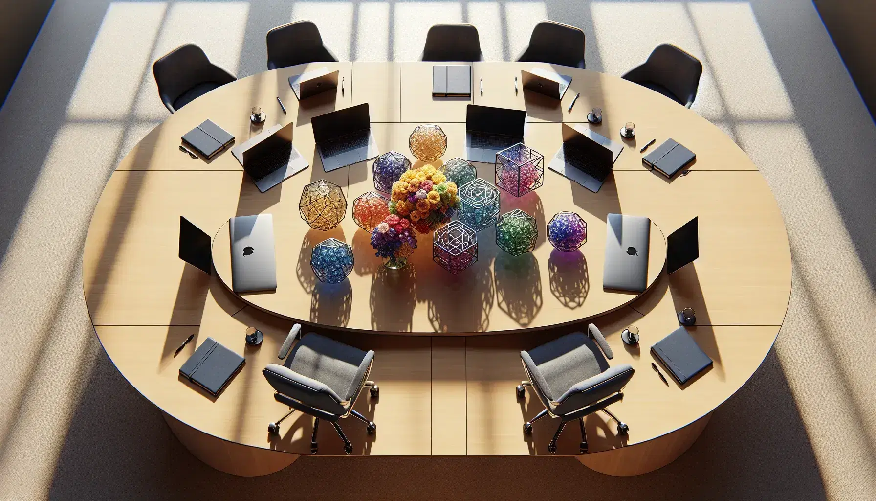 Mesa de reuniones ovalada con superficie de madera clara y seis sillas de oficina azules, laptops cerradas, cuadernos, bolígrafos y arreglo floral central.