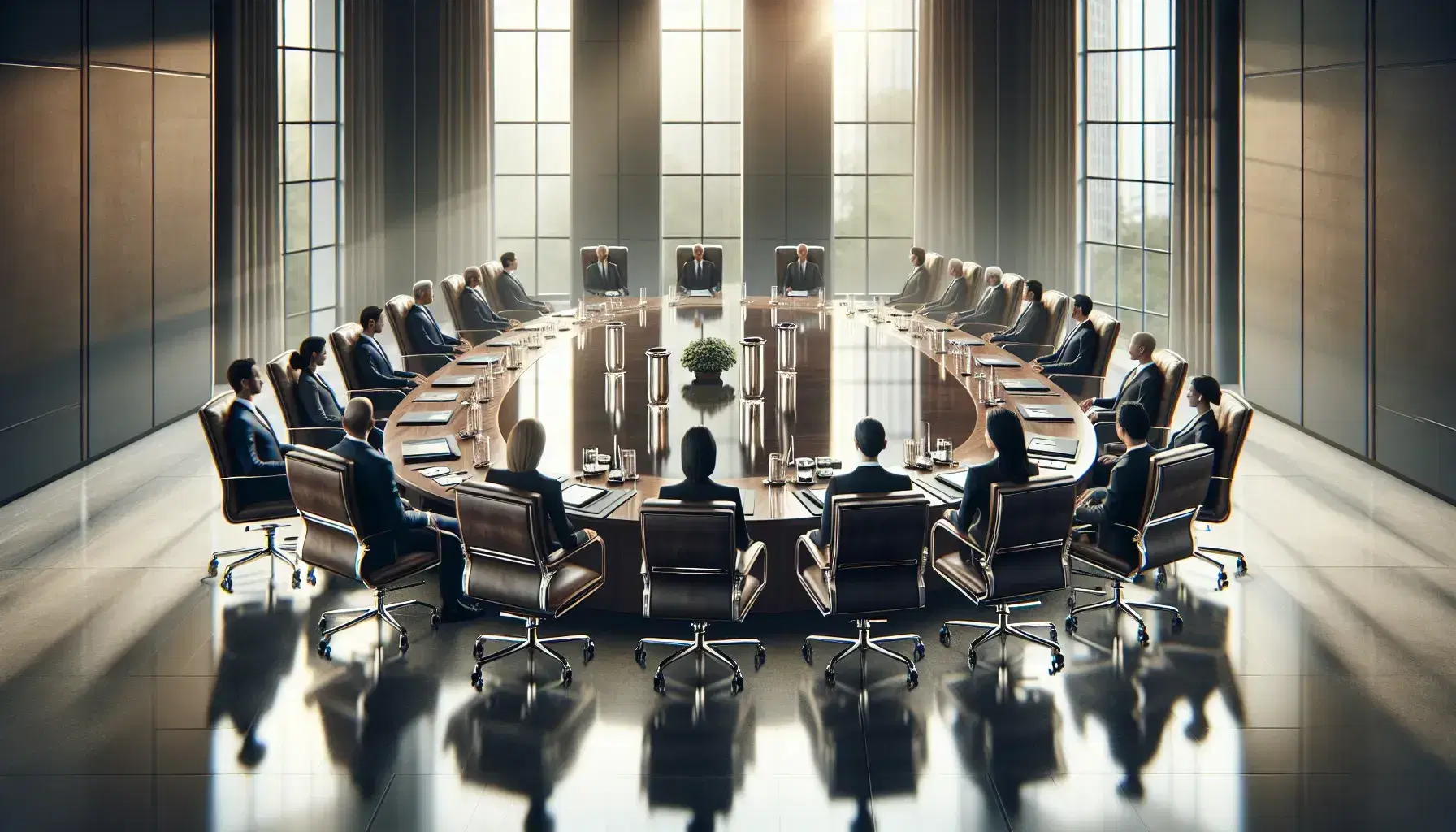 Diverse professionals in formal attire sit around a large oval wooden table in a well-lit boardroom with laptops, water pitchers, and documents.