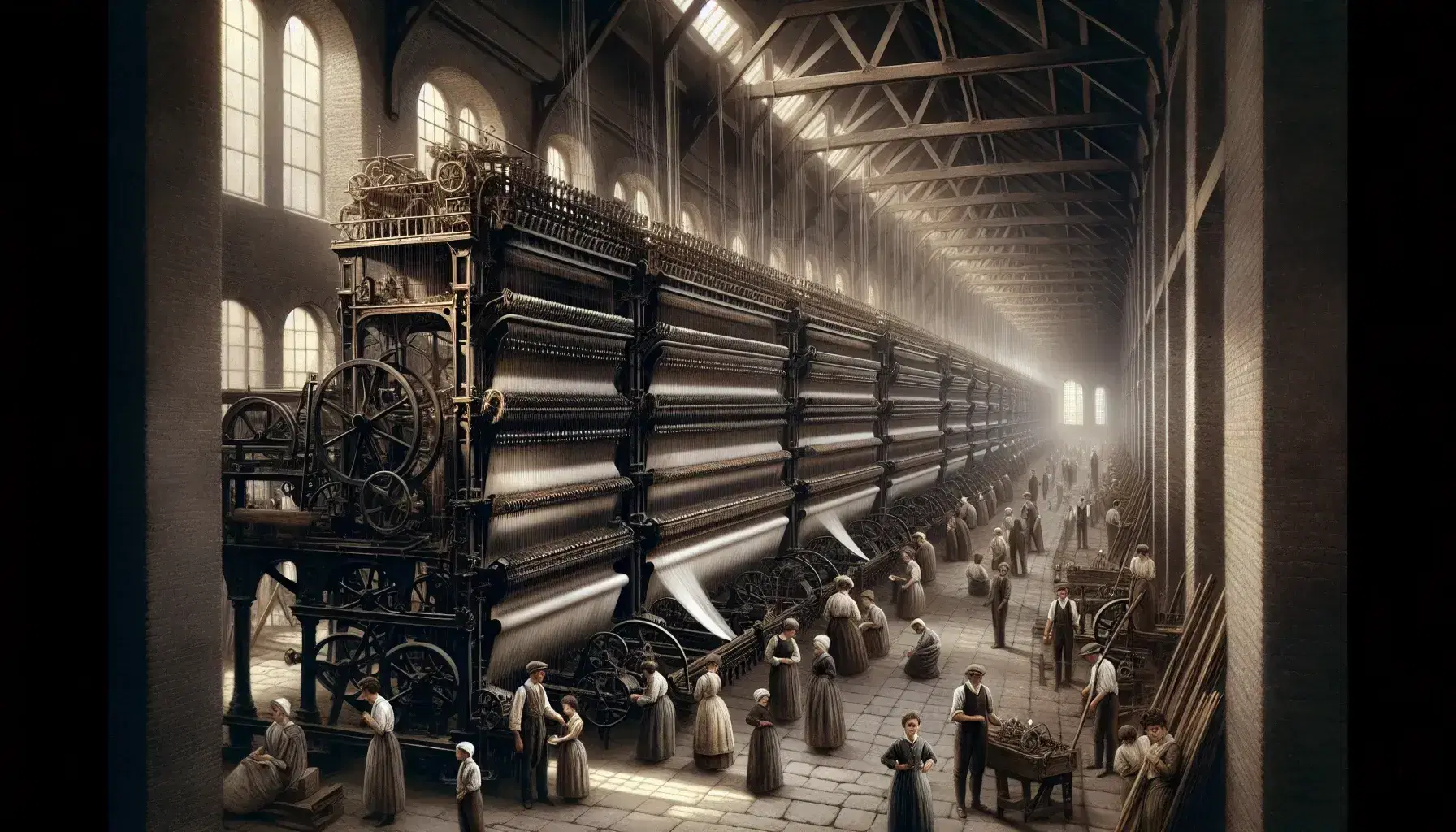 Interno di una fabbrica tessile dell'epoca industriale con operai tra telai meccanici, filati di cotone e luce naturale da finestre ad arco.
