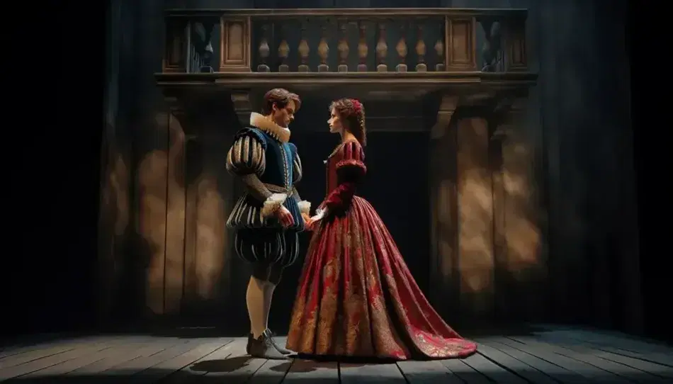 Romantic scene of Romeo and Juliet on a wooden stage, with Elizabethan costumes and a fake stone balcony under soft light.