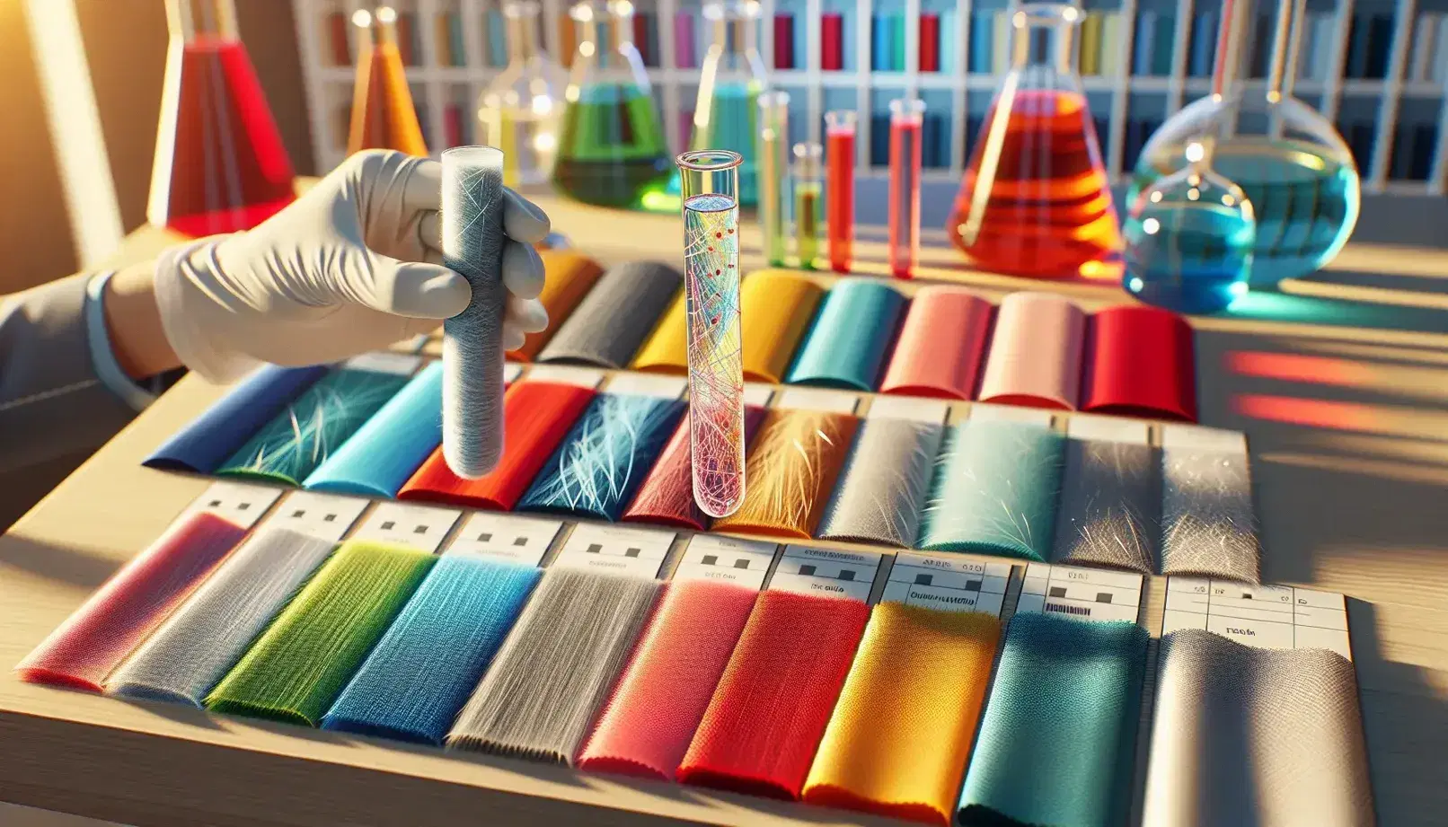 Campioni di tessuto colorati su tavolo in legno con mano guantata che tiene provetta con filamenti, in laboratorio di ricerca tessile.