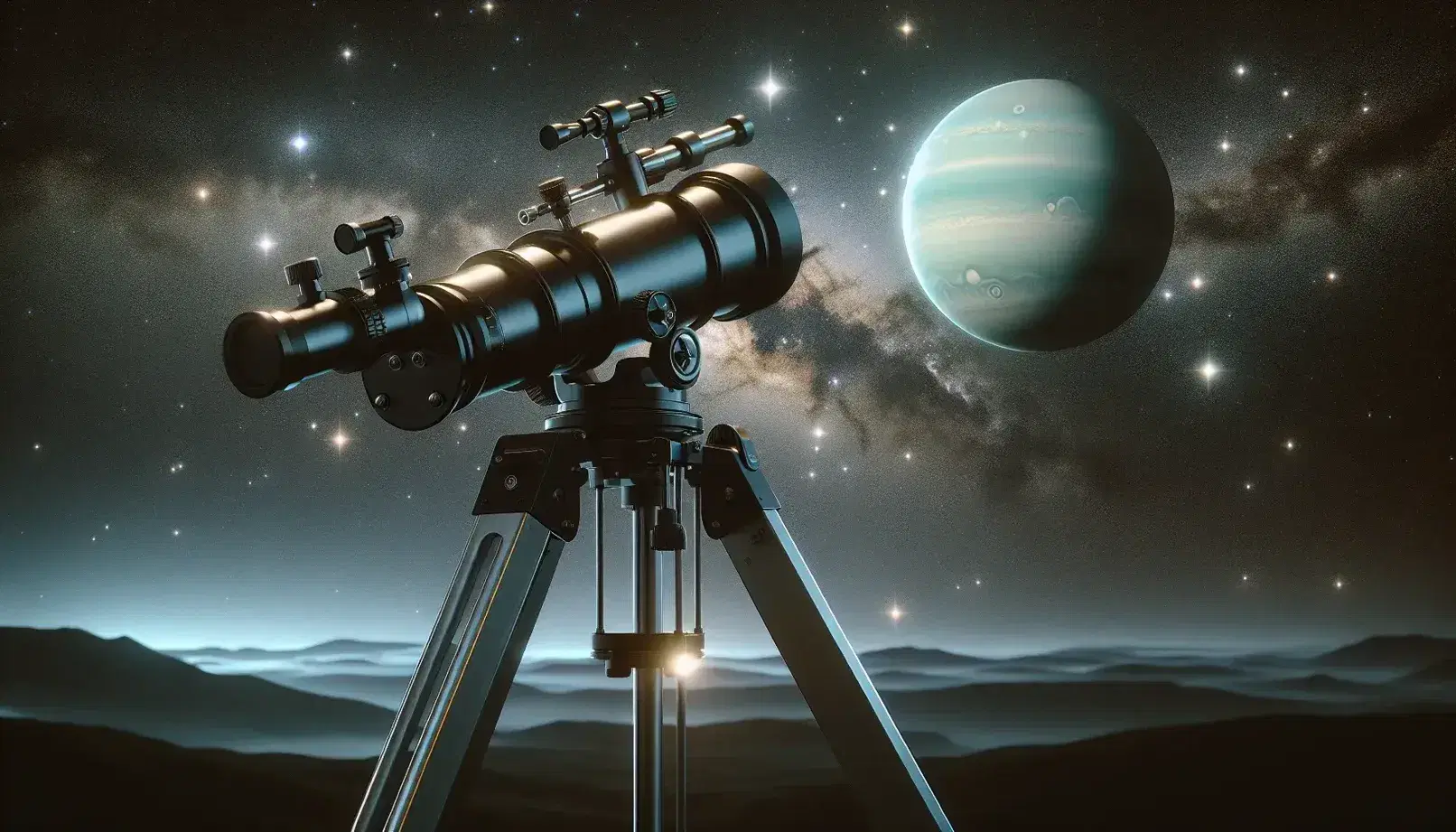 Telescopio astronomico rifrattore su treppiede grigio puntato verso un cielo stellato notturno con rappresentazione artistica di Urano.