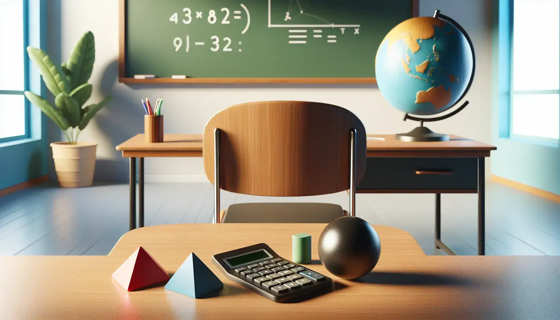 Classroom with a wooden desk featuring a calculator and colorful geometric shapes, a blank green chalkboard, a globe, and a potted plant on a cabinet.