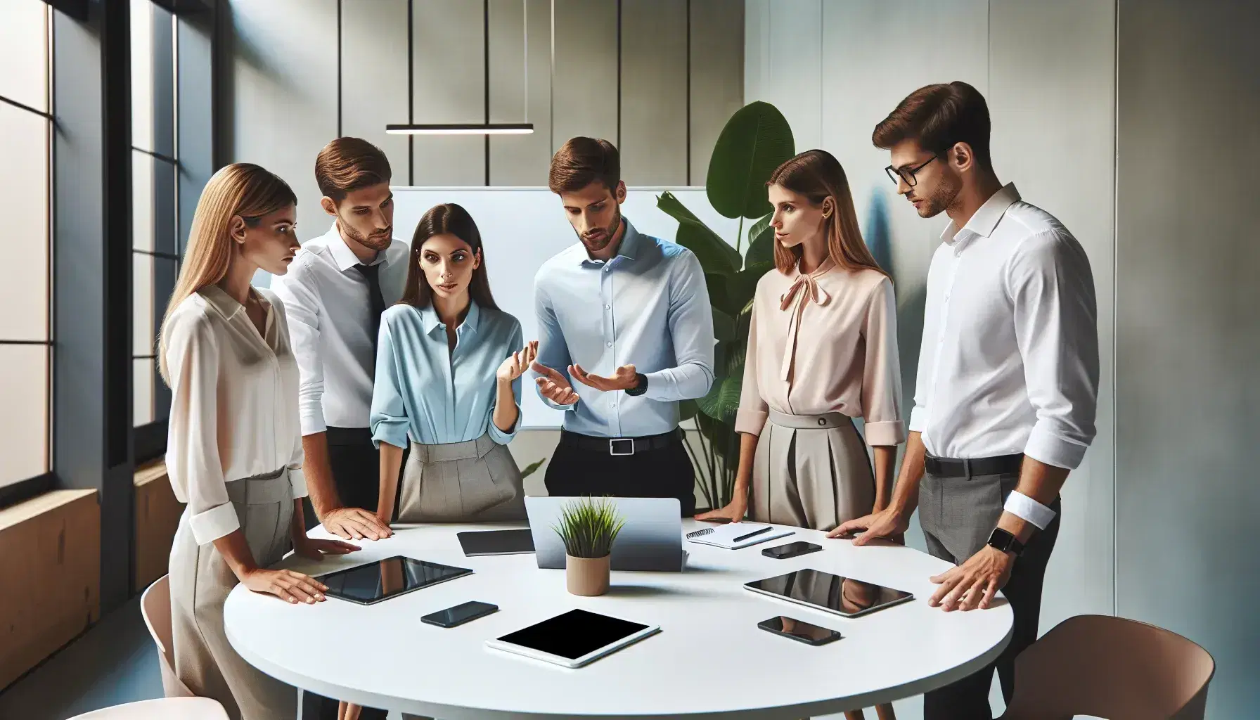 Grupo de cinco profesionales en reunión de trabajo alrededor de una mesa redonda con dispositivos electrónicos, en una oficina iluminada y decorada con una planta.