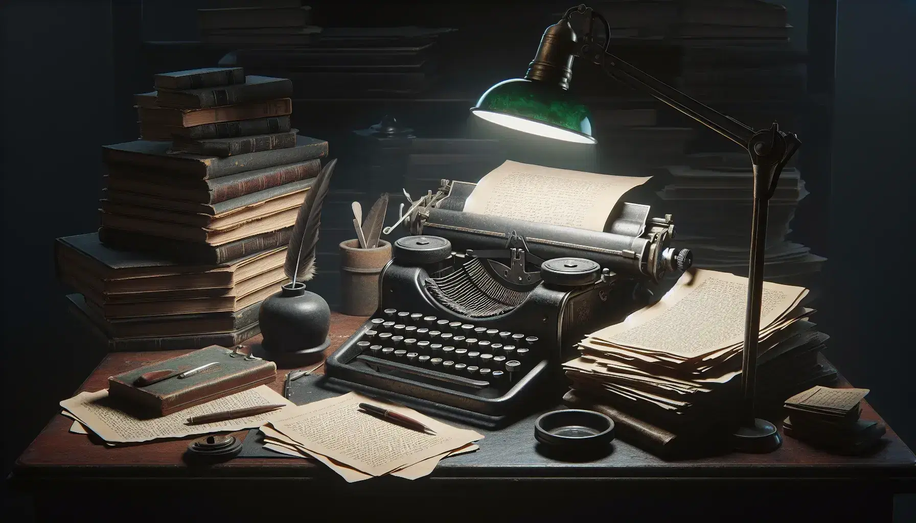Vintage writer's desk with typewriter, manuscripts, quill and inkwell, scattered papers, and a coffee mug under a classic green-shaded lamp.