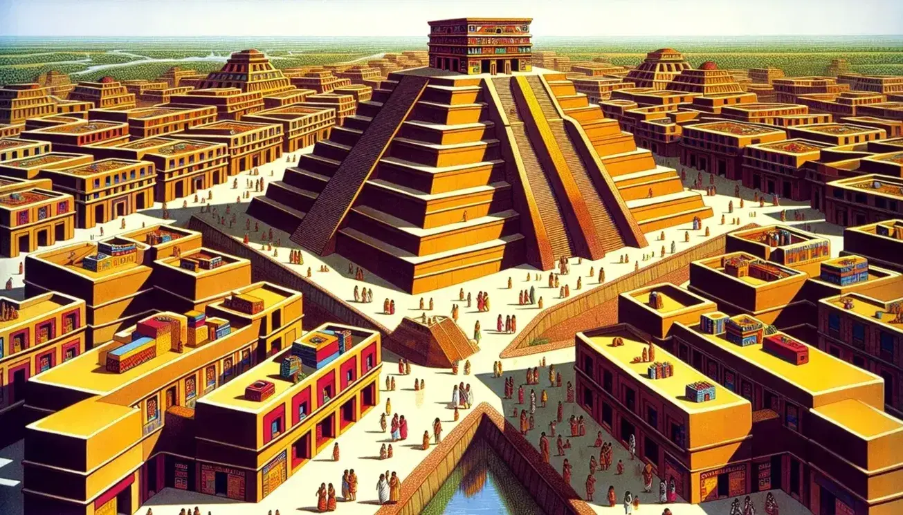 Recreación artística de una ciudad azteca con pirámide escalonada central, templo en la cima, edificios ordenados, calles rectas, canales de agua y figuras humanas en actividades cotidianas.