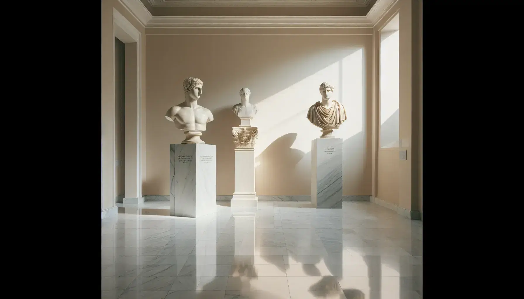 Riproduzione statua Doryphoros di Policleto e busto di Fidia su piedistalli in marmo, in museo con pareti crema e luce naturale.