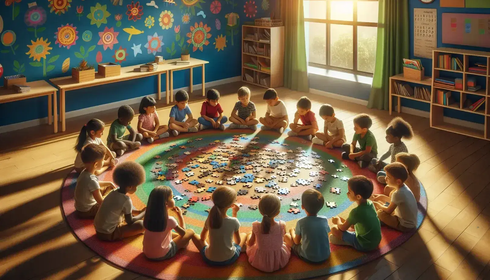 Bambini di diverse etnie collaborano a un puzzle colorato su un tappeto in una luminosa aula scolastica.
