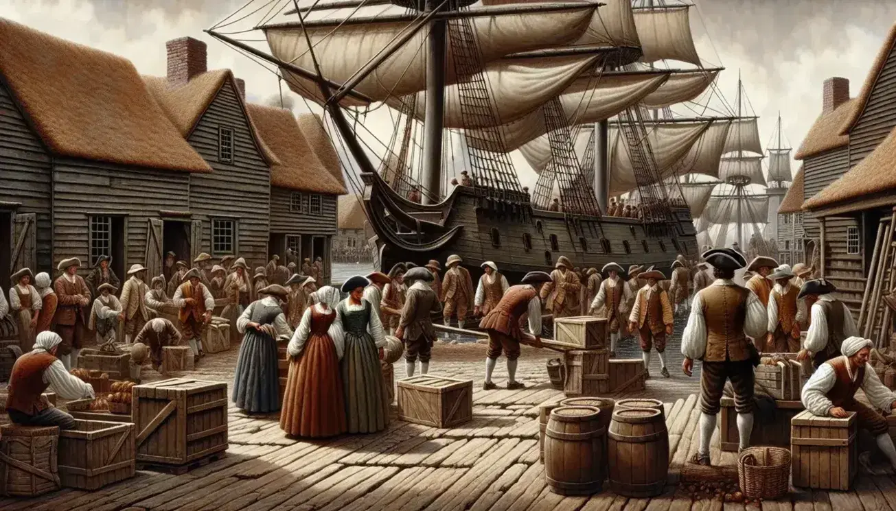 Bustling 17th-century colonial port with diverse settlers unloading goods from a sail ship, period attire, and timber buildings under a clear blue sky.
