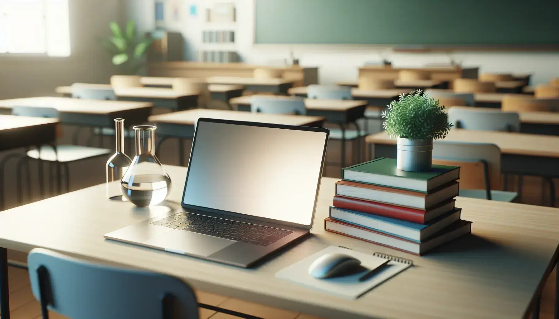 Neat desk in classroom with modern laptop, stacks of books without titles and beaker with clear liquid next to green plant, blurred background of chairs.
