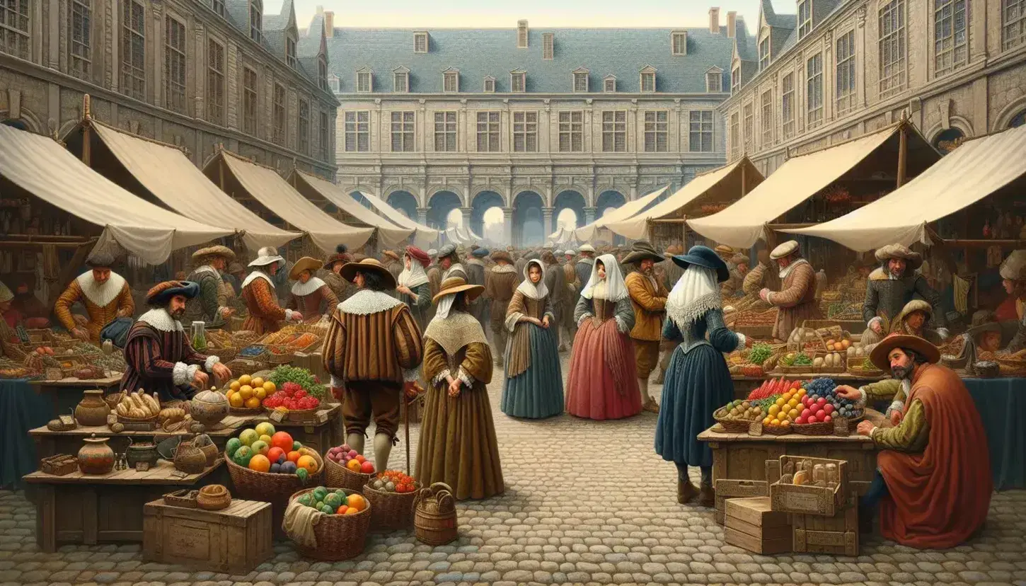 Escena de mercado bullicioso de la Edad Moderna con personas en atuendos de época, puestos de madera con techos de lona y productos coloridos, en un entorno de edificios de piedra.
