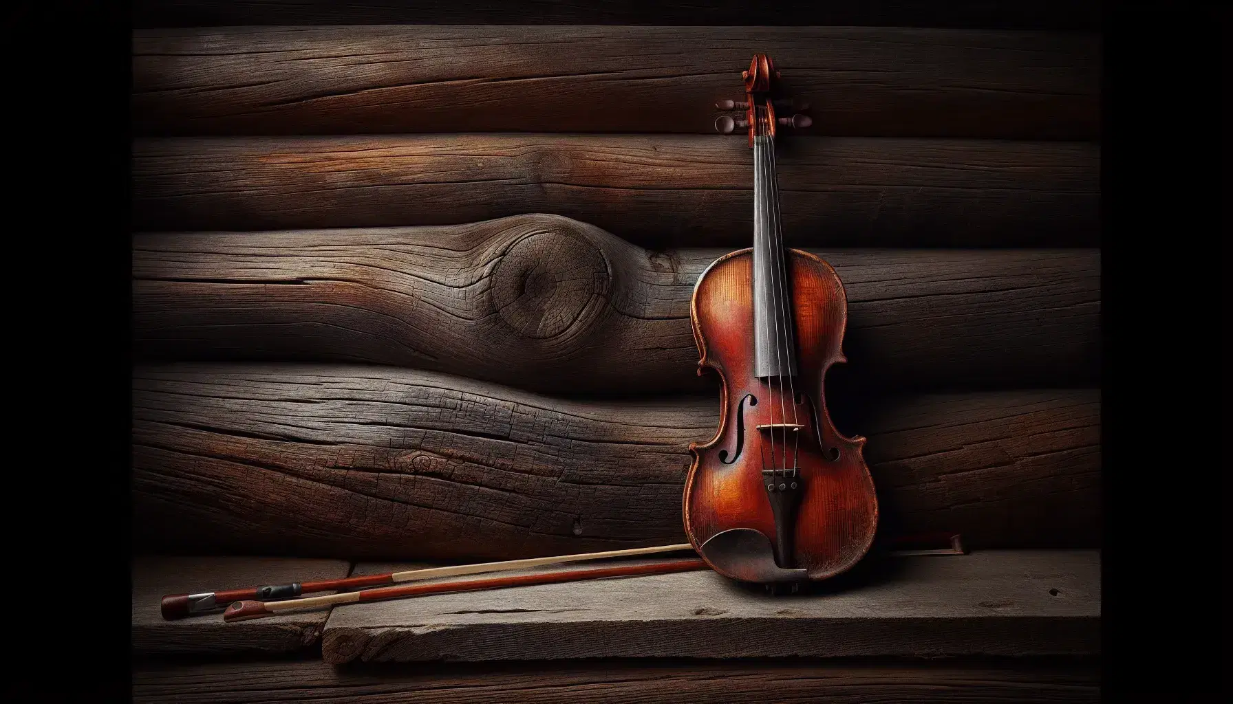 Vintage violin with glossy finish and bow against a rustic dark wooden plank background, evoking a sense of history and music.
