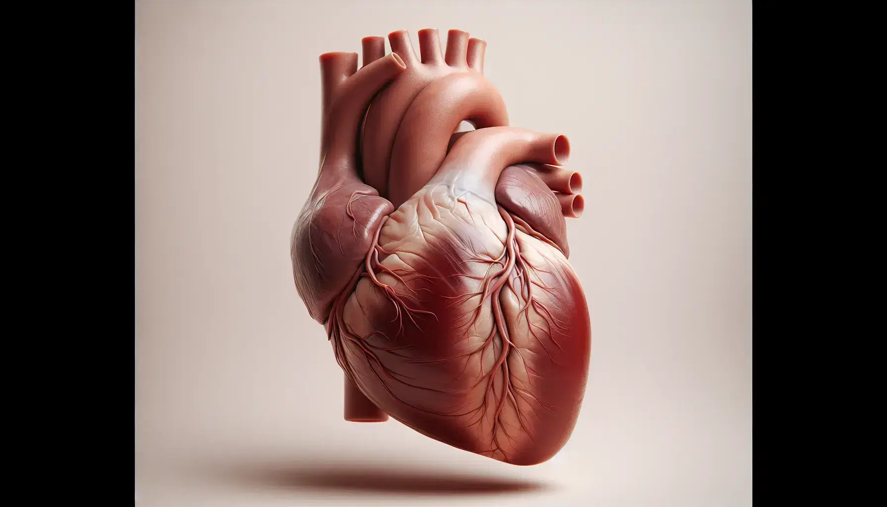 Corazón humano realista con cámaras y arterias visibles en tonos rojos y azules sobre fondo neutro, destacando su anatomía detallada.