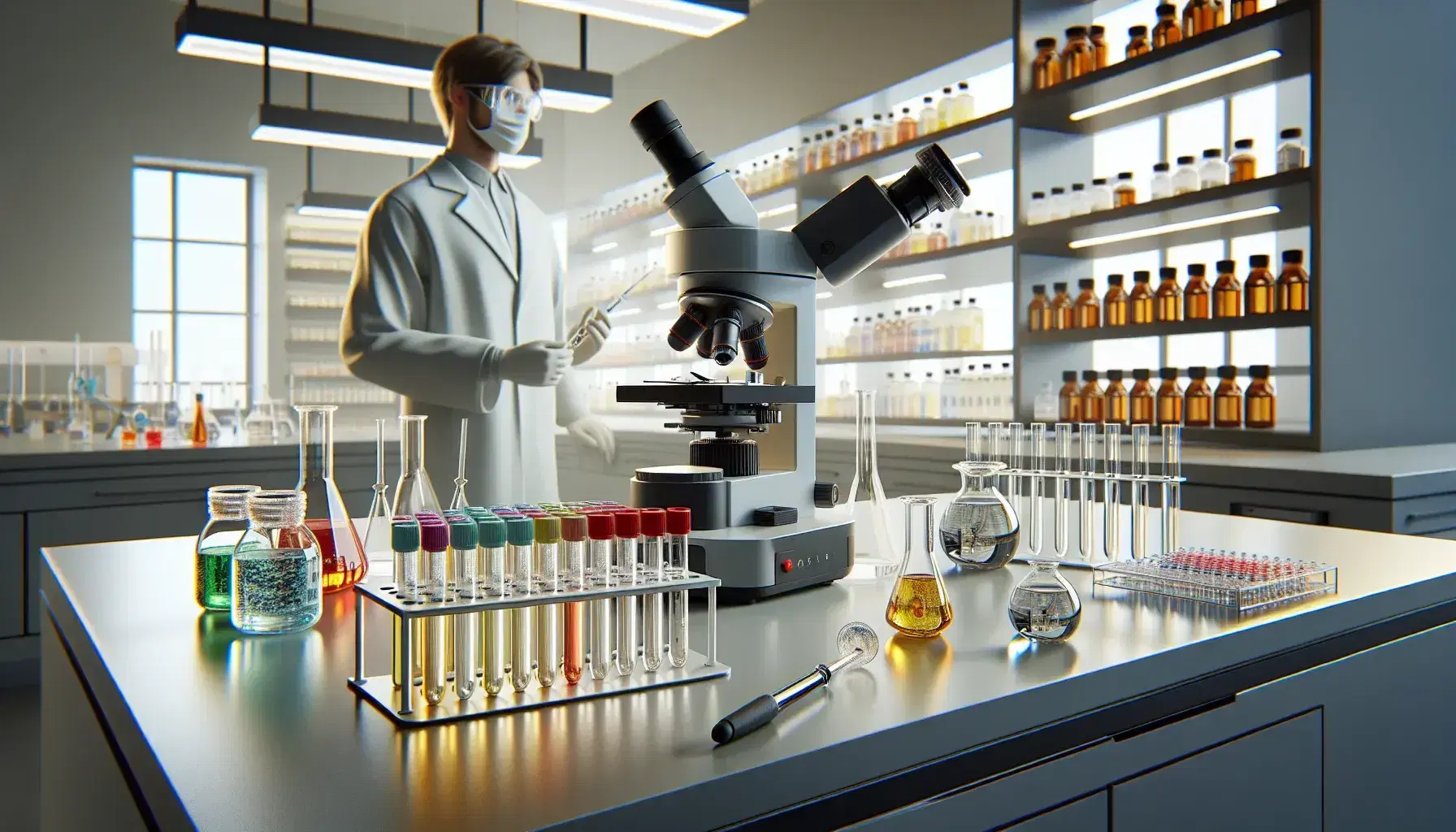 Laboratorio clínico moderno con tubos de ensayo coloridos, microscopio electrónico y técnico analizando muestras con pipeta.