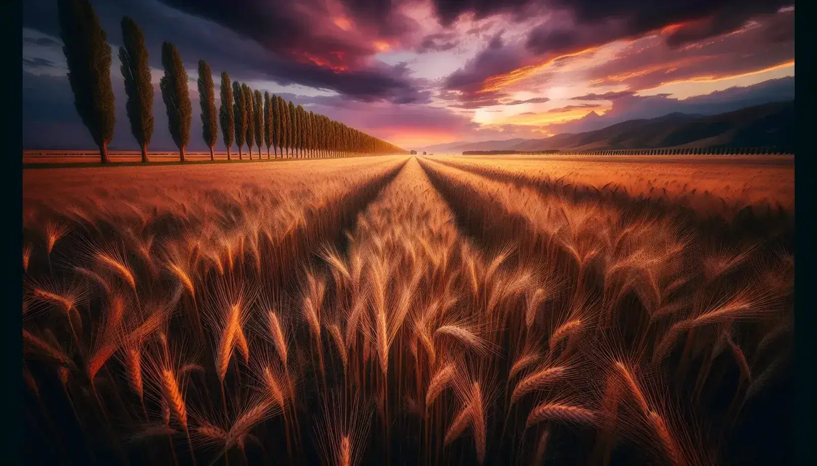 Campo di grano dorato al tramonto con fila di alberi alti a sinistra, gruppo di cervi a destra e silhouette di montagne sullo sfondo.