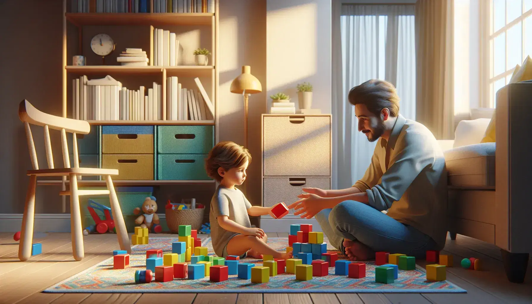 Niño jugando con bloques de construcción coloridos en el suelo mientras un adulto lo asiste, en un ambiente hogareño con estantería y alfombra geométrica.